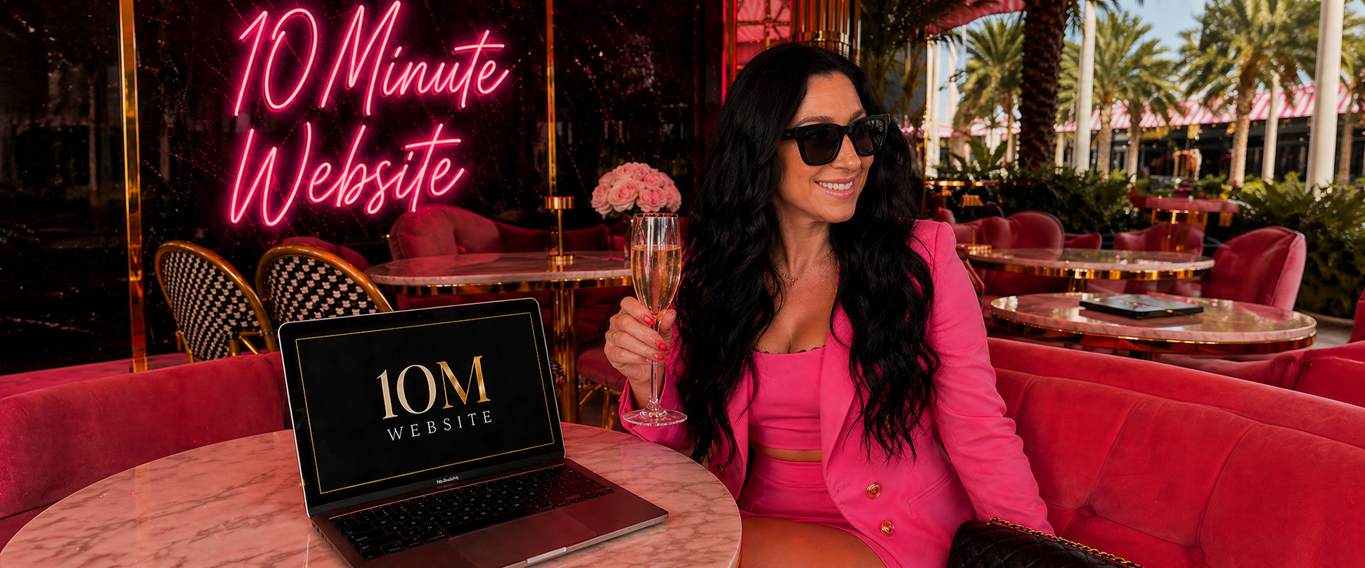 10 Minute Website — Sara Michaels with neon sign and 10M laptop
